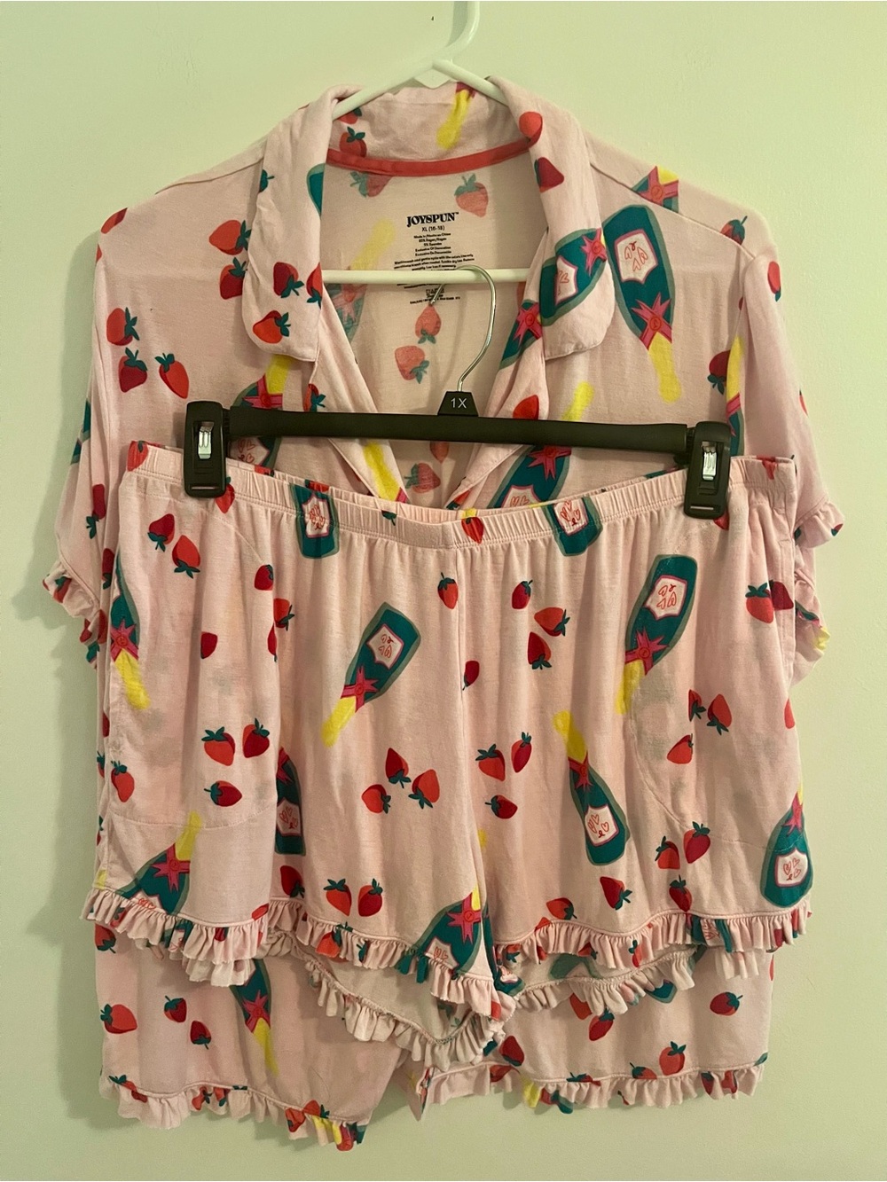 Joyspun Pink Strawberry-Print Women’s Ruffle Pajama Set